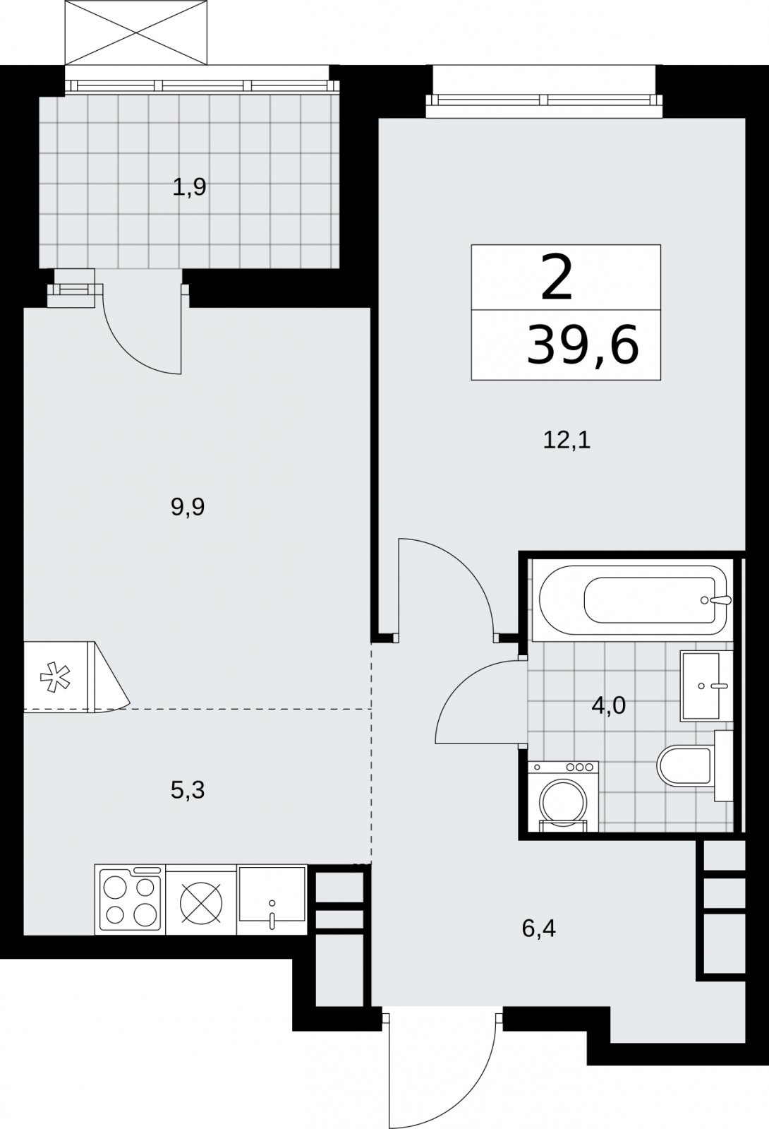 2-комнатная квартира (евро) с частичной отделкой, 39.6 м2, 15 этаж, сдача 2 квартал 2026 г., ЖК Скандинавия, корпус 25.3 - объявление 2283992 - фото №1