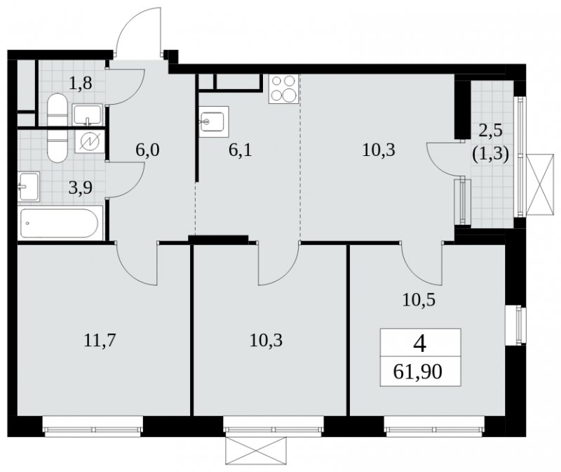4-комнатная квартира (евро) с частичной отделкой, 61.9 м2, 12 этаж, сдача 2 квартал 2025 г., ЖК Прокшино, корпус 5.1.1 - объявление 1859892 - фото №1