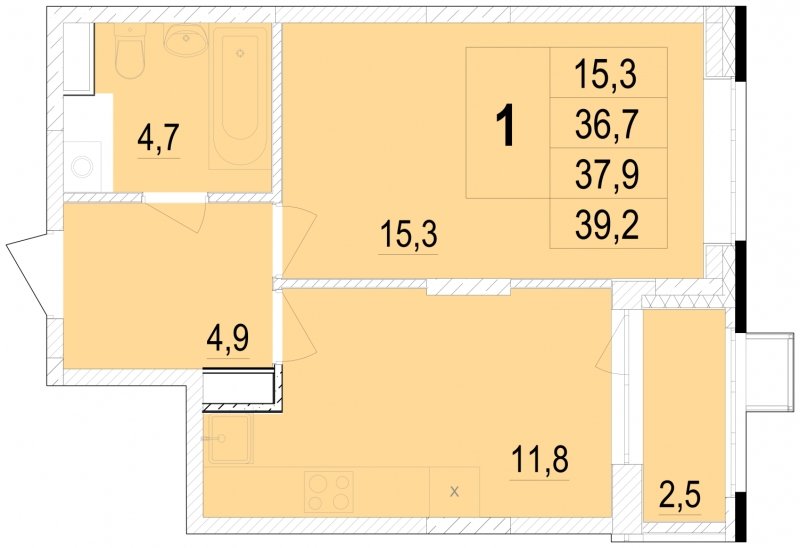 1-комнатная квартира без отделки, 37.9 м2, 2 этаж, сдача 1 квартал 2024 г., ЖК Отрадный, корпус 4 - объявление 1685421 - фото №1