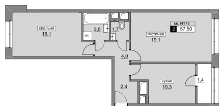 2-комнатная квартира без отделки, 57.5 м2, 7 этаж, сдача 4 квартал 2022 г., ЖК Румянцево-Парк, корпус 3 - объявление 1187225 - фото №1