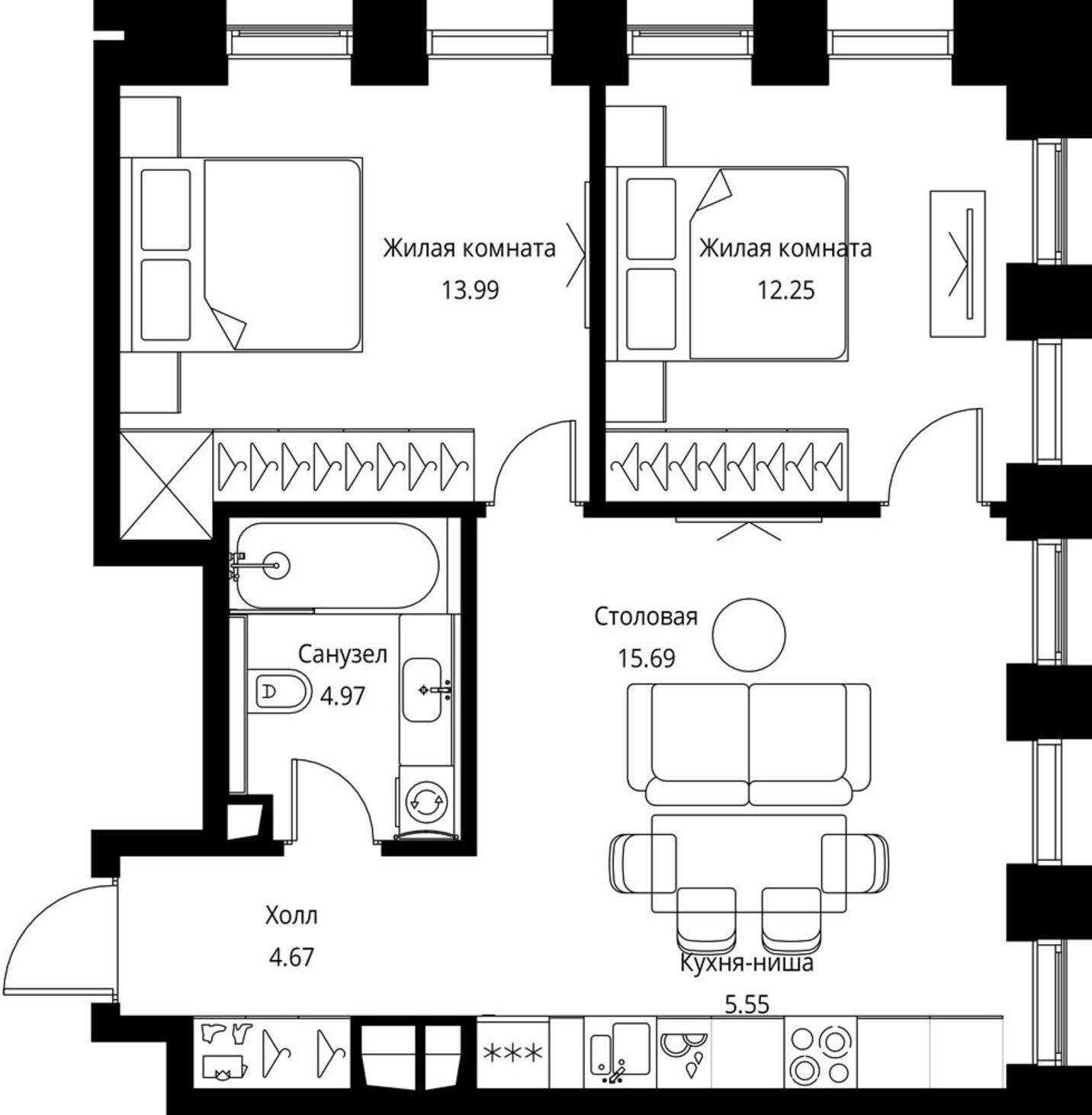2-комнатная квартира с частичной отделкой, 57.12 м2, 13 этаж, сдача 3 квартал 2026 г., ЖК City Bay, корпус North Ocean 2 - объявление 2240450 - фото №1