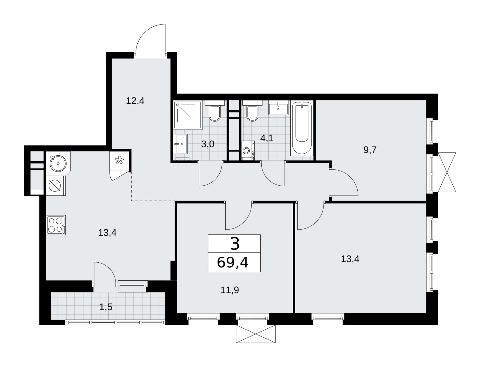 3-комнатная квартира без отделки, 69.4 м2, 15 этаж, сдача 1 квартал 2026 г., ЖК Скандинавия, корпус 37.2.1 - объявление 2254410 - фото №1