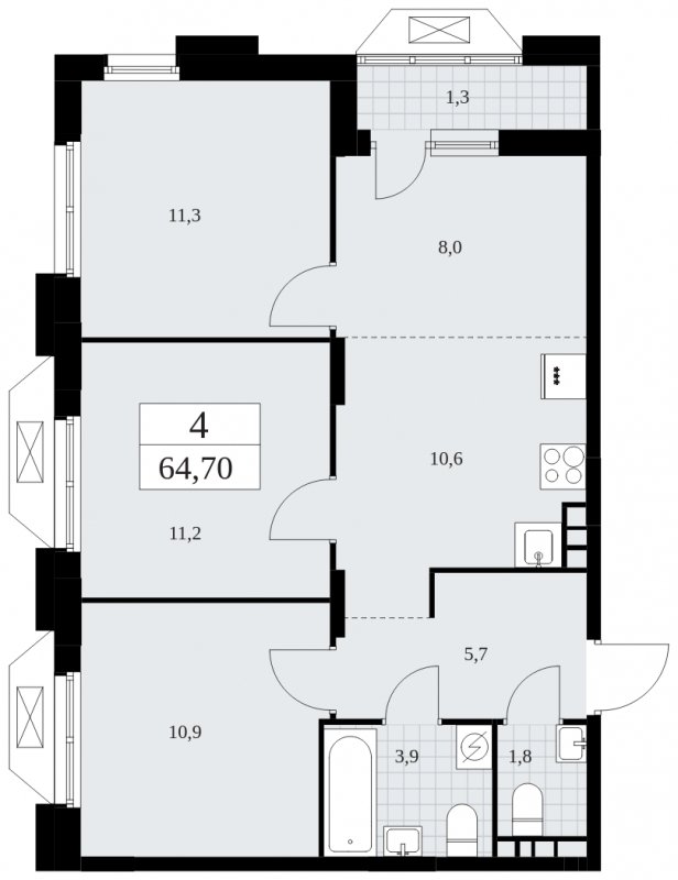 4-комнатная квартира (евро) без отделки, 64.7 м2, 9 этаж, сдача 1 квартал 2025 г., ЖК Бунинские кварталы, корпус 1.3 - объявление 1834778 - фото №1