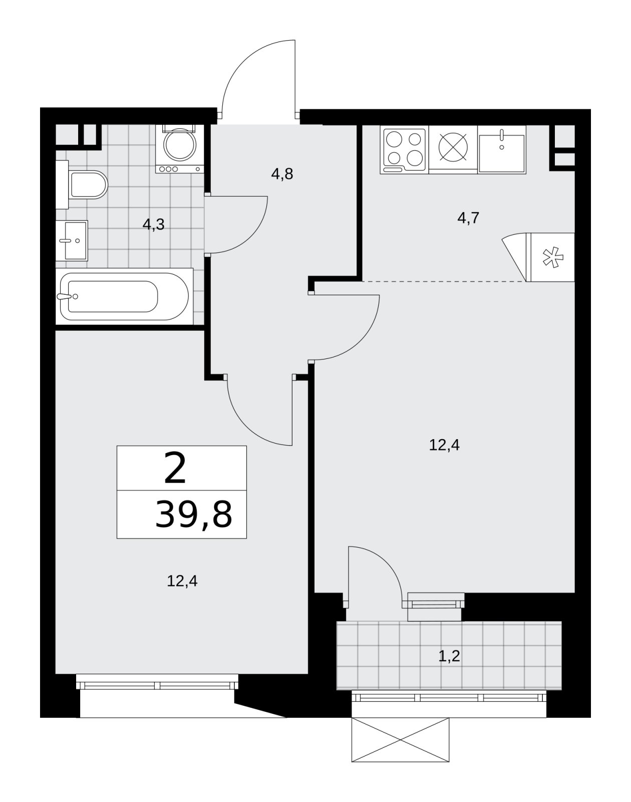 2-комнатная квартира (евро) без отделки, 39.8 м2, 4 этаж, сдача 4 квартал 2025 г., ЖК Бунинские кварталы, корпус 6.6 - объявление 2252911 - фото №1