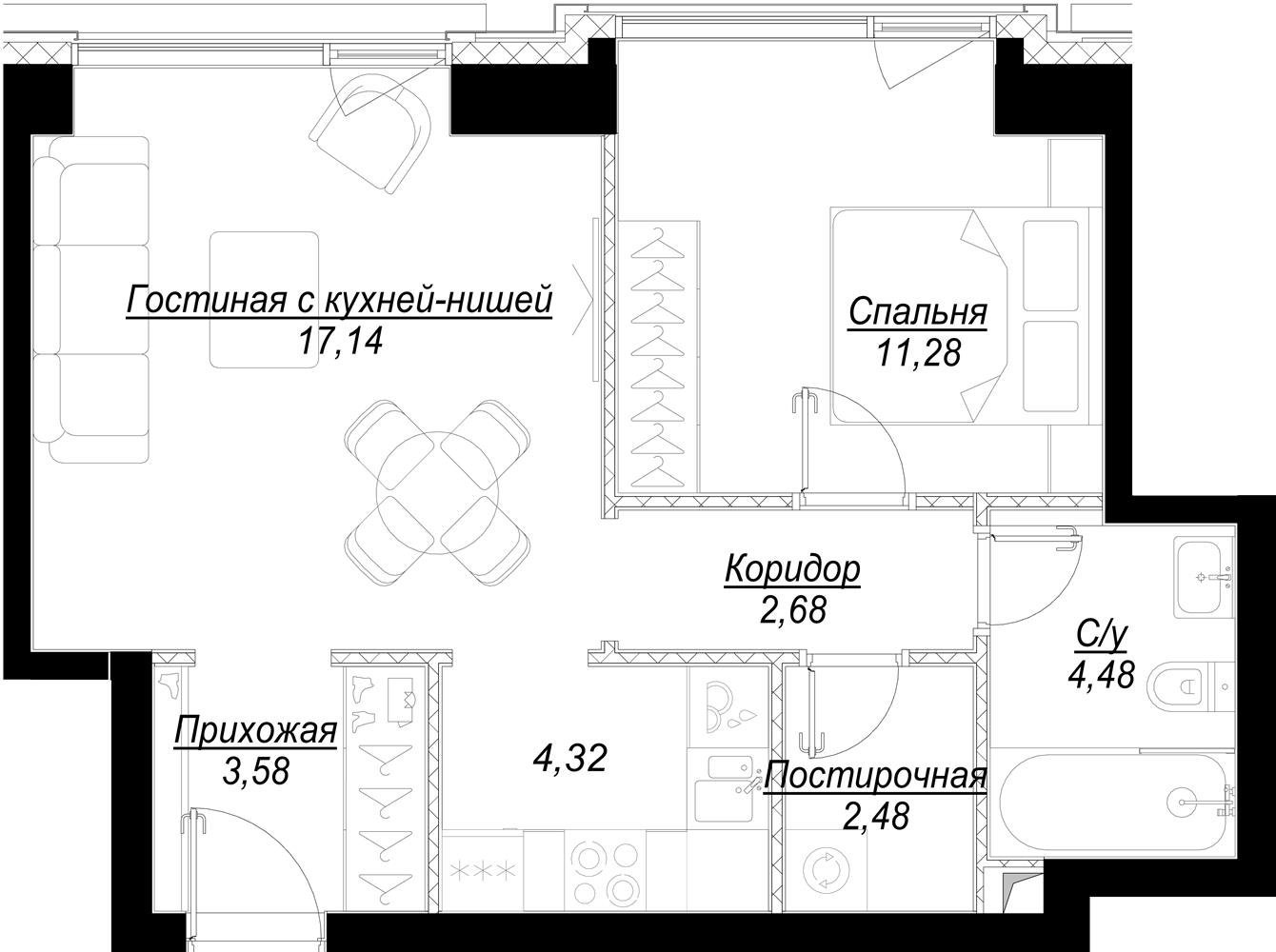 1-комнатная квартира с частичной отделкой, 46.07 м2, 12 этаж, дом сдан, ЖК Hide, корпус RiverSide - объявление 2336075 - фото №1