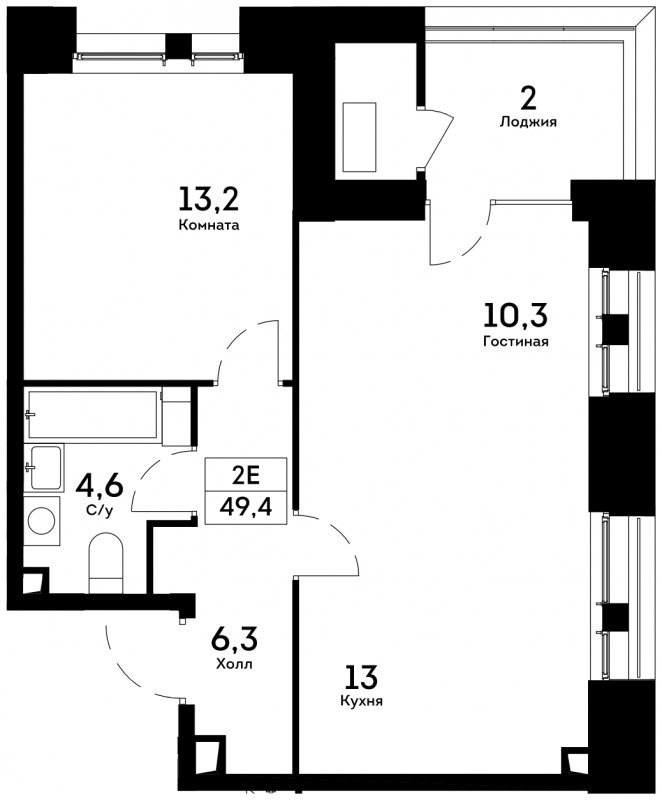 2-комнатная квартира без отделки, 49.4 м2, 13 этаж, сдача 4 квартал 2022 г., ЖК Квартал на набережной NOW, корпус 1.4 - объявление 1753376 - фото №1