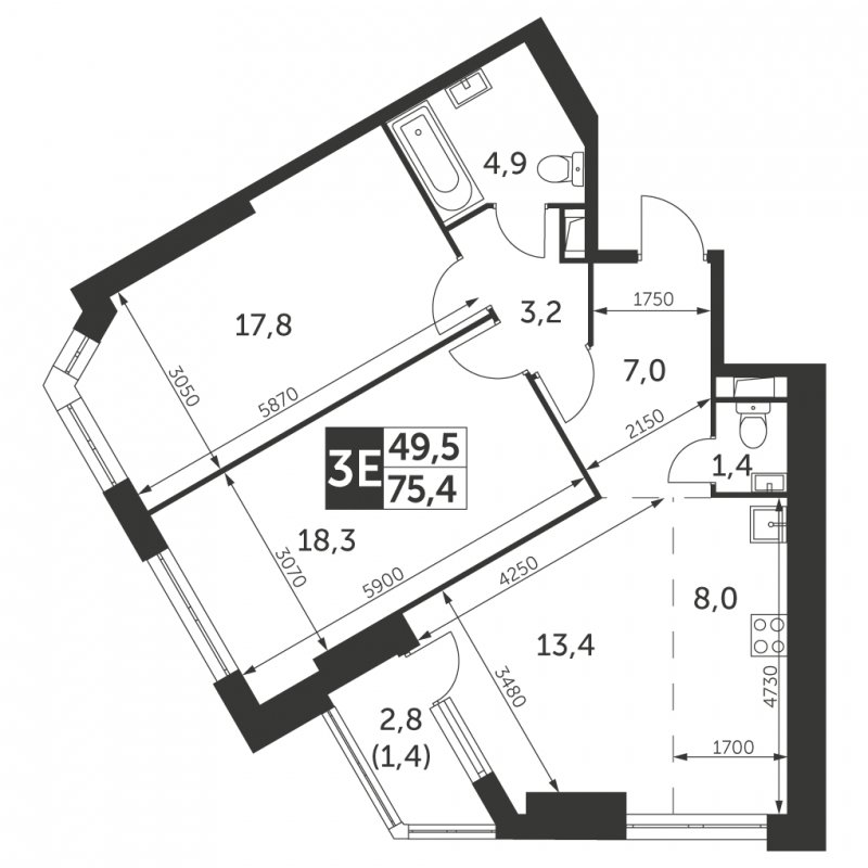 3-комнатная квартира с частичной отделкой, 75.4 м2, 4 этаж, сдача 4 квартал 2023 г., ЖК Архитектор, корпус 3 - объявление 1584222 - фото №1