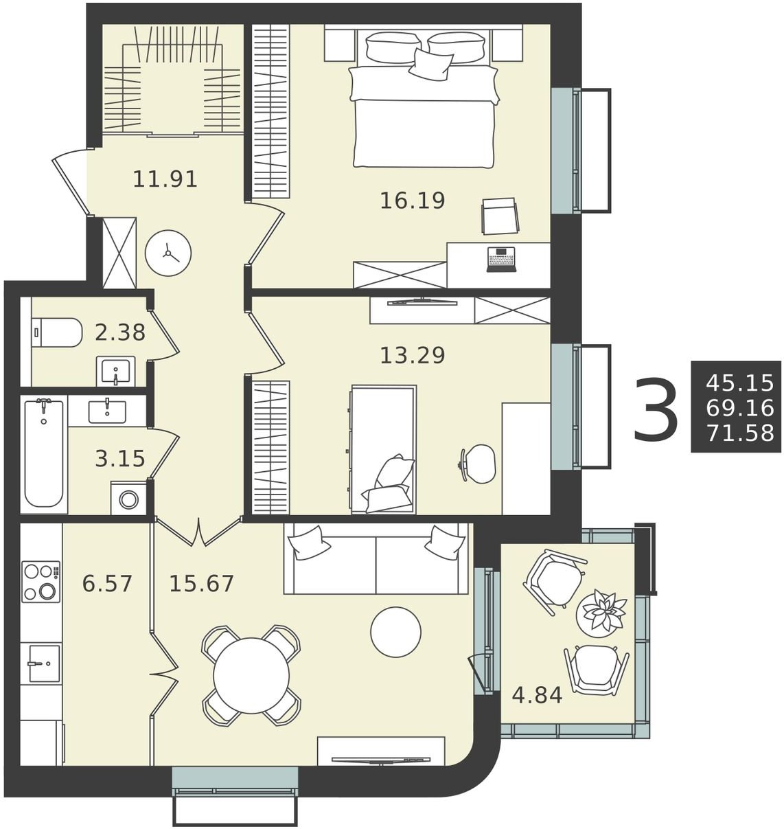 3-комнатная квартира 71.58 м2, 5 этаж, сдача 1 квартал 2024 г., ЖК Мишино-2, корпус 8 - объявление 2149897 - фото №1
