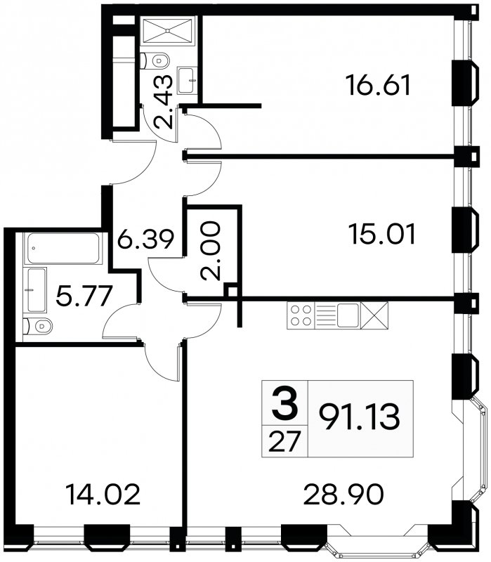 3-комнатные апартаменты с частичной отделкой, 91.13 м2, 4 этаж, сдача 3 квартал 2024 г., ЖК GloraX Aura Белорусская, корпус 1 - объявление 1708639 - фото №1