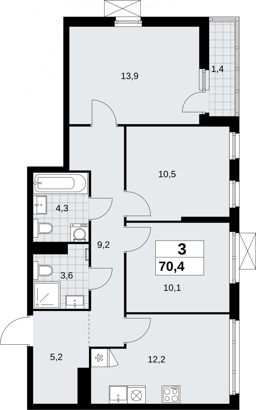 3-комнатная квартира без отделки, 70.4 м2, 13 этаж, сдача 2 квартал 2026 г., ЖК Дзен-кварталы, корпус 6.1.1 - объявление 2327207 - фото №1