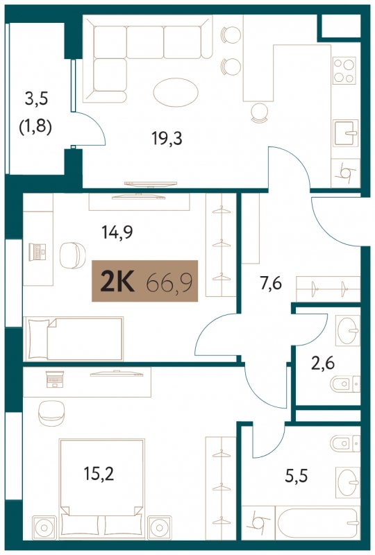 2-комнатная квартира 66.9 м2, 3 этаж, сдача 4 квартал 2022 г., ЖК Настоящее, корпус 1 - объявление 1586770 - фото №1