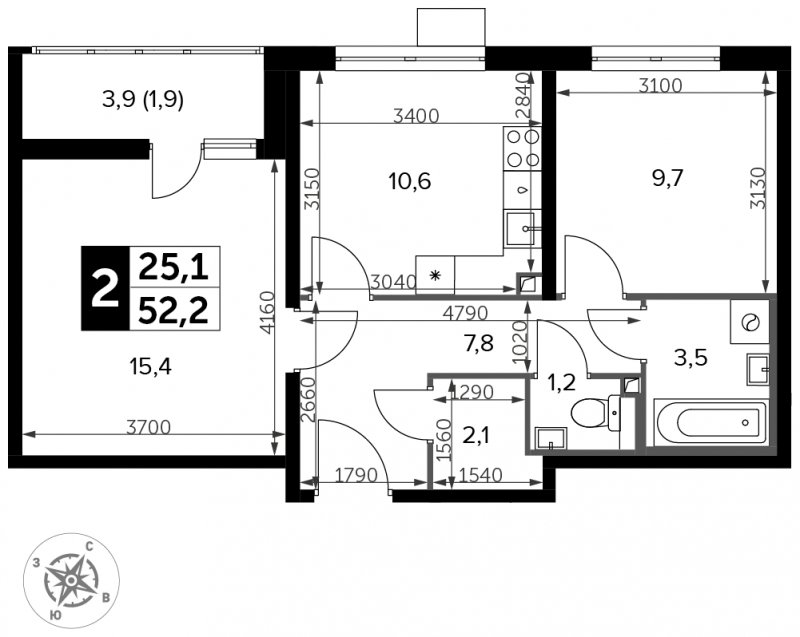 2-комнатная квартира с частичной отделкой, 52.2 м2, 4 этаж, сдача 3 квартал 2023 г., ЖК Южная Битца, корпус 11 - объявление 1771664 - фото №1