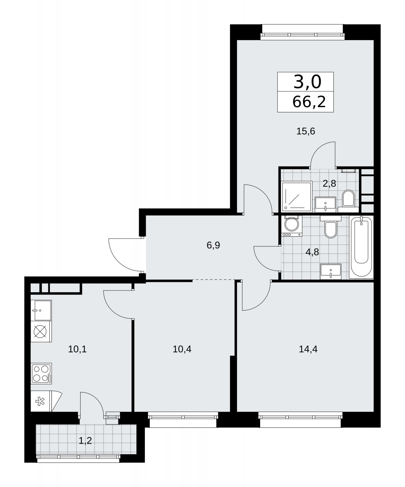 3-комнатная квартира с частичной отделкой, 66.2 м2, 11 этаж, сдача 2 квартал 2026 г., ЖК Дзен-кварталы, корпус 3.6 - объявление 2242889 - фото №1