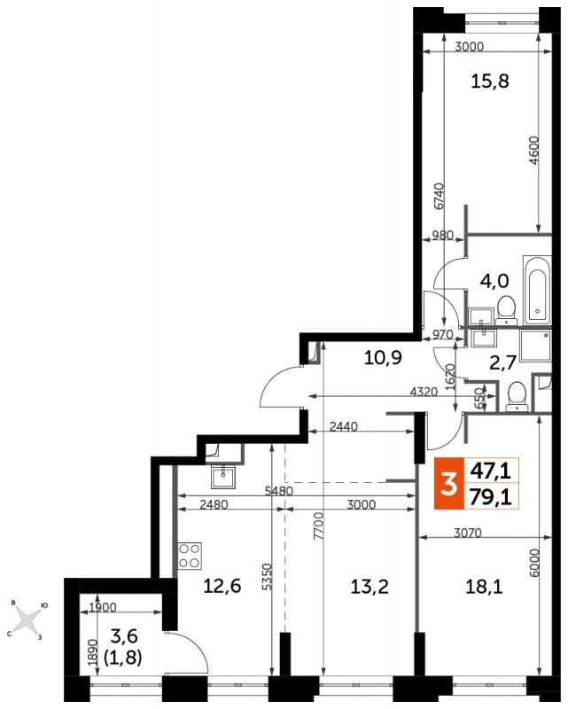 3-комнатная квартира с частичной отделкой, 79.1 м2, 6 этаж, сдача 1 квартал 2023 г., ЖК Sydney City, корпус 2 - объявление 1710105 - фото №1