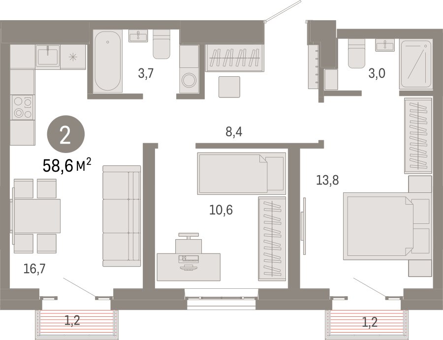 2-комнатная квартира с частичной отделкой, 58.6 м2, 13 этаж, сдача 3 квартал 2026 г., ЖК Квартал Метроном, корпус 1 - объявление 2372361 - фото №1