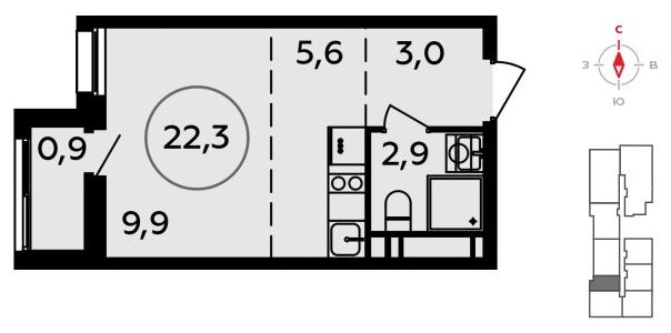 Студия с полной отделкой, 22.3 м2, 17 этаж, сдача 4 квартал 2023 г., ЖК Прокшино, корпус 4.1 - объявление 1497911 - фото №1