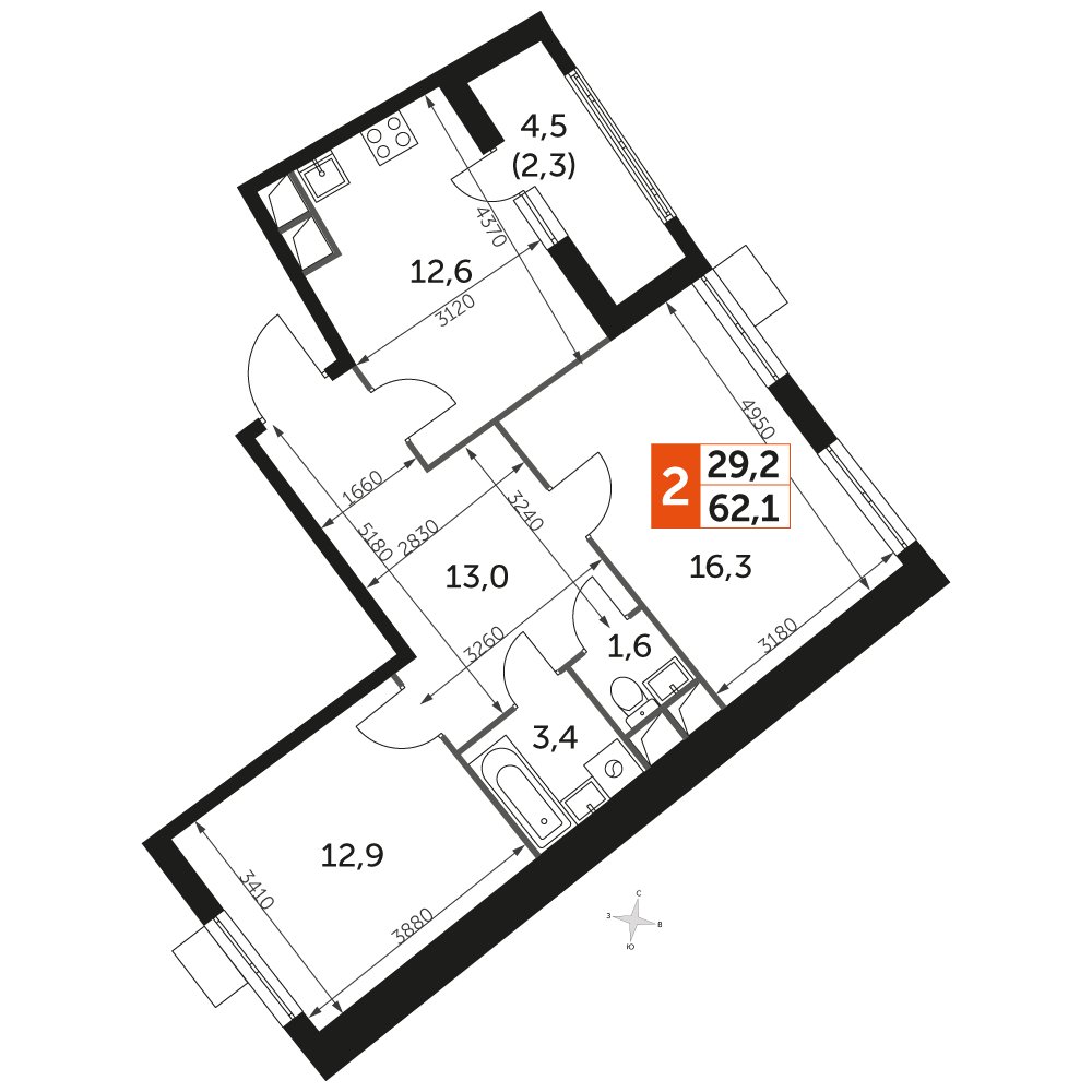 2-комнатная квартира с частичной отделкой, 62.1 м2, 12 этаж, дом сдан, ЖК UP-квартал Римский, корпус 7 - объявление 2359938 - фото №1