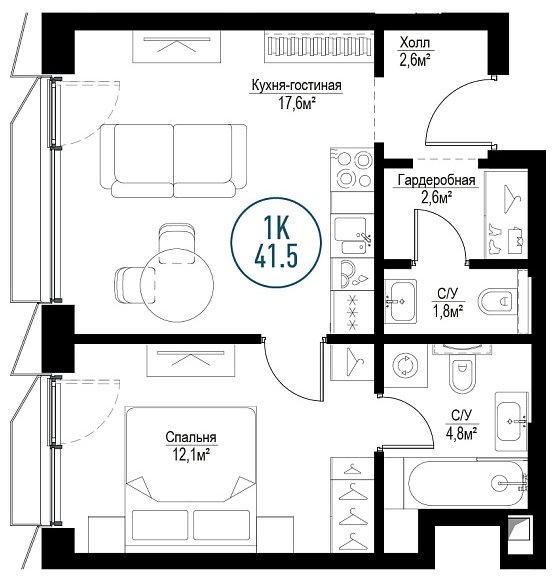 1-комнатная квартира с частичной отделкой, 41.5 м2, 3 этаж, сдача 3 квартал 2024 г., ЖК Метрополия, корпус Barcelona - объявление 1786695 - фото №1