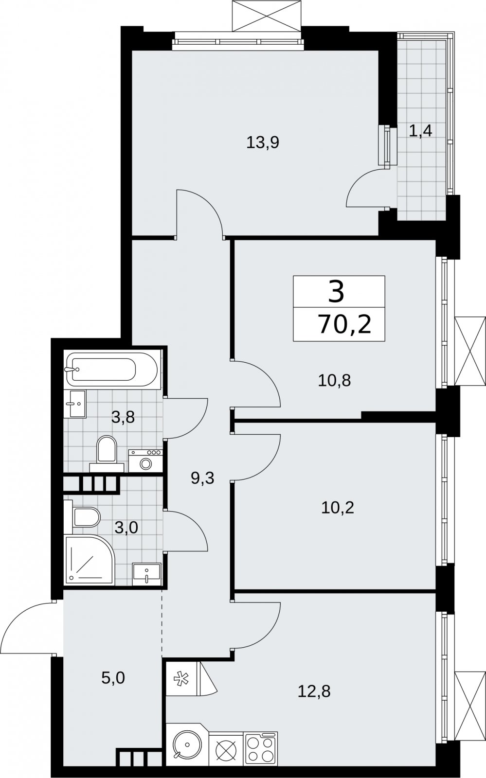 3-комнатная квартира без отделки, 70.2 м2, 4 этаж, сдача 2 квартал 2026 г., ЖК Бунинские кварталы, корпус 5.4 - объявление 2297777 - фото №1