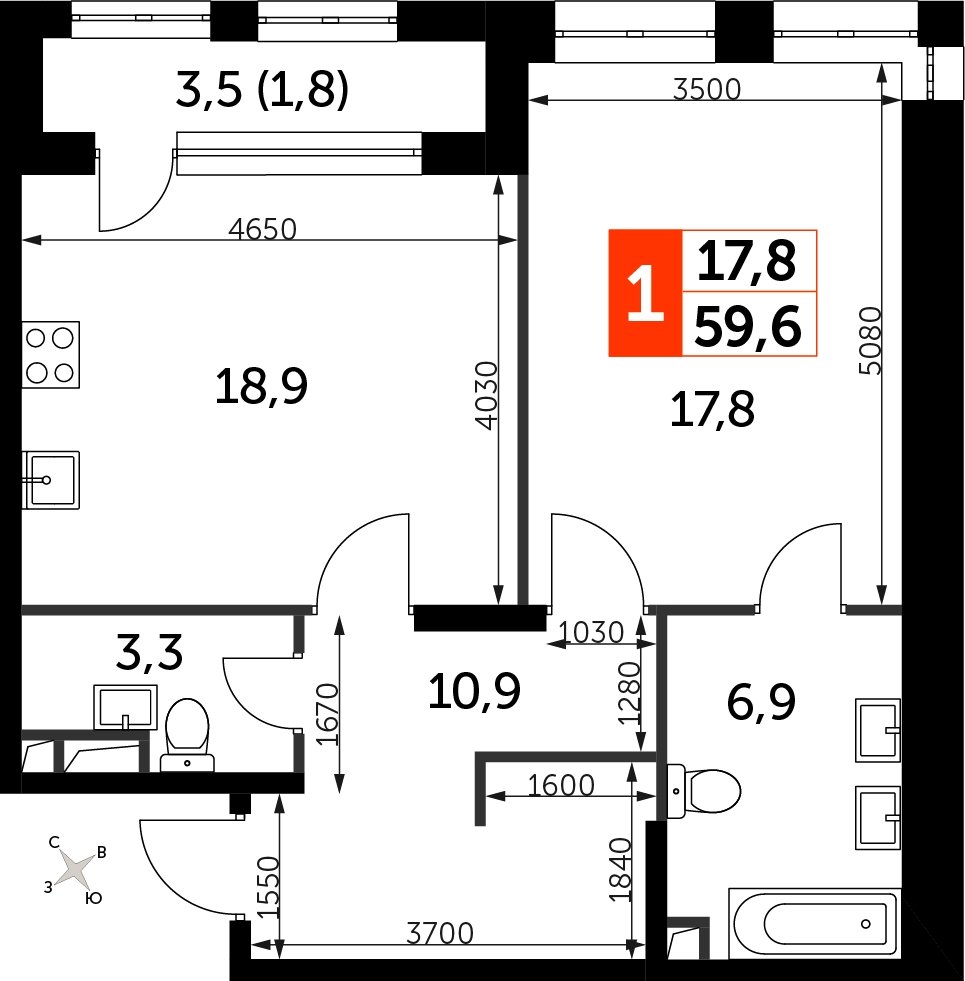 1-комнатная квартира с полной отделкой, 59.6 м2, 2 этаж, сдача 3 квартал 2024 г., ЖК Sydney City, корпус 2.1 - объявление 2207318 - фото №1