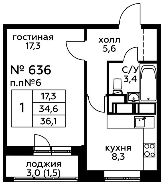 1-комнатная квартира с частичной отделкой, 36.1 м2, 19 этаж, сдача 2 квартал 2022 г., ЖК Новоград Павлино, корпус 20 - объявление 1250021 - фото №1
