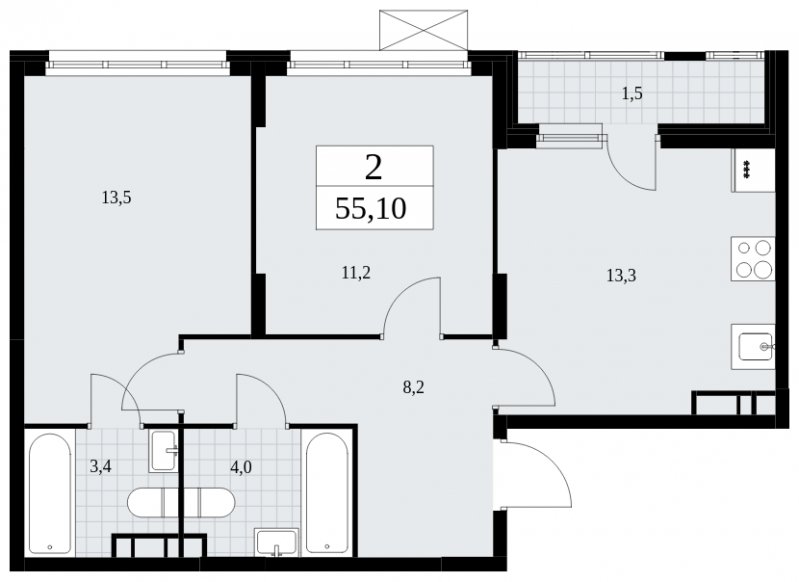 2-комнатная квартира без отделки, 55.1 м2, 8 этаж, сдача 4 квартал 2024 г., ЖК Скандинавия, корпус 35.2.2 - объявление 1841109 - фото №1