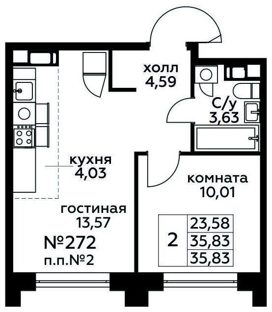 2-комнатная квартира без отделки, 35.83 м2, 3 этаж, сдача 3 квартал 2024 г., ЖК МелисСад, корпус 1 - объявление 1821579 - фото №1