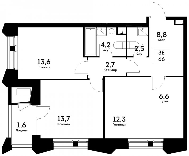 3-комнатная квартира 66 м2, 10 этаж, сдача 4 квартал 2022 г., ЖК Квартал на набережной NOW, корпус 2.2 - объявление 1692901 - фото №1
