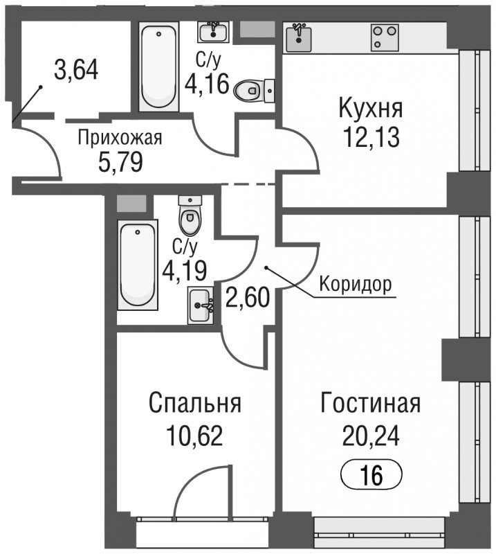 2-комнатная квартира без отделки, 63.37 м2, 3 этаж, сдача 3 квартал 2023 г., ЖК AFI Park Воронцовский, корпус 5 - объявление 1637294 - фото №1