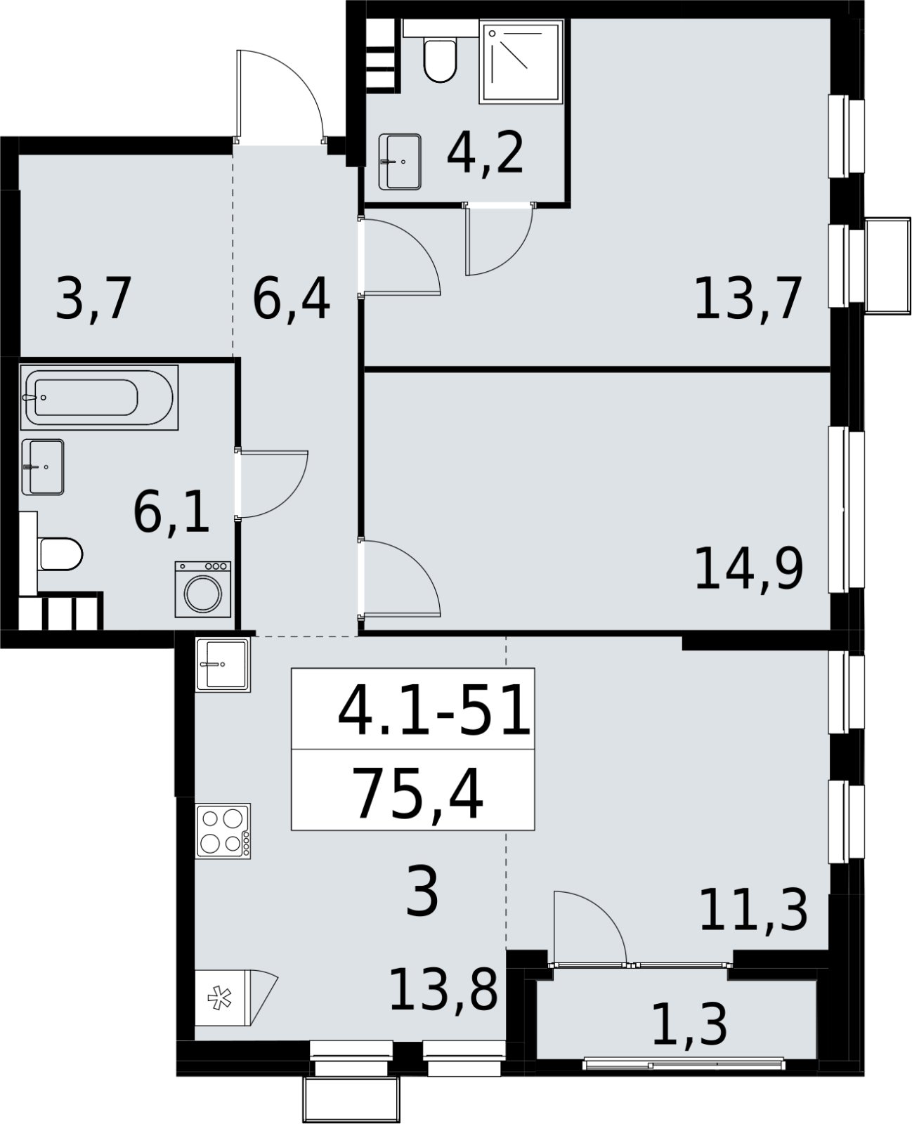 3-комнатная квартира (евро) с полной отделкой, 75.4 м2, 10 этаж, сдача 2 квартал 2027 г., ЖК Южные сады, корпус 4.1.1 - объявление 2392592 - фото №1