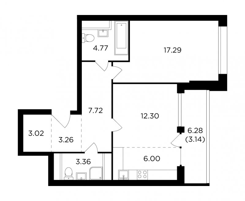 2-комнатная квартира без отделки, 60.49 м2, 26 этаж, дом сдан, ЖК RiverSky, корпус 7 - объявление 1747971 - фото №1