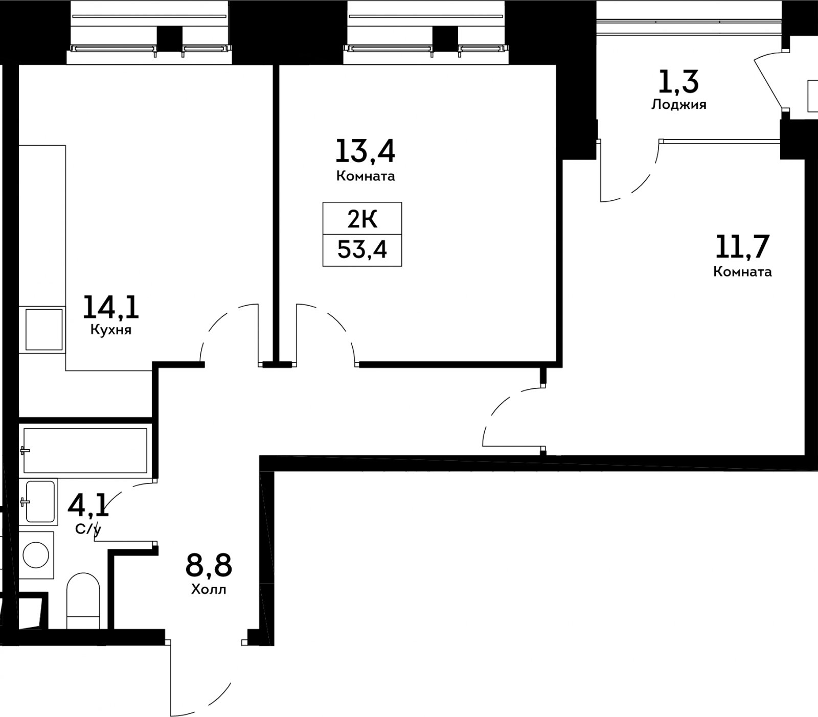2-комнатная квартира без отделки, 53.4 м2, 11 этаж, дом сдан, ЖК Квартал на набережной NOW, корпус 1.4 - объявление 2042017 - фото №1
