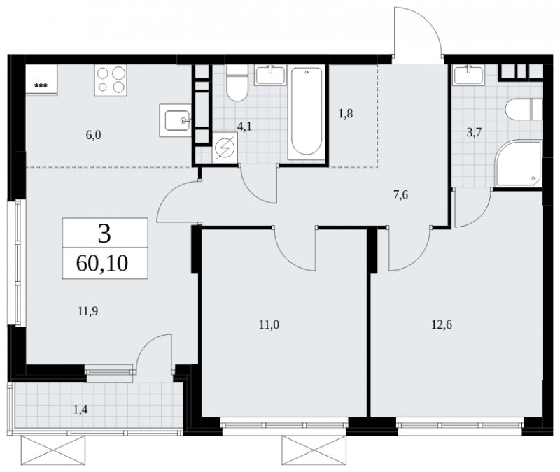 3-комнатная квартира (евро) без отделки, 60.1 м2, 8 этаж, сдача 4 квартал 2024 г., ЖК Скандинавия, корпус 35.2.2 - объявление 1841017 - фото №1