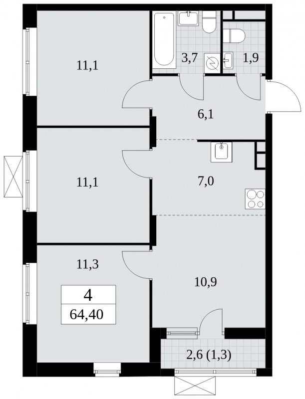 4-комнатная квартира (евро) с полной отделкой, 64.4 м2, 3 этаж, сдача 2 квартал 2025 г., ЖК Прокшино, корпус 5.1.2 - объявление 1860211 - фото №1