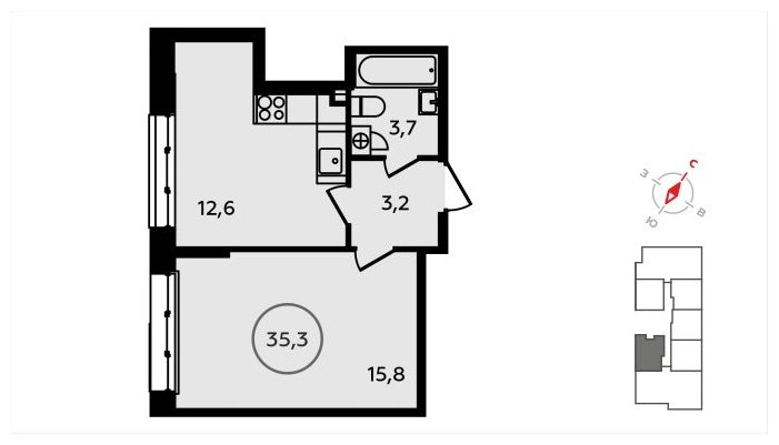 1-комнатная квартира с частичной отделкой, 35.3 м2, 2 этаж, сдача 3 квартал 2024 г., ЖК Скандинавия, корпус 22.3 - объявление 1625549 - фото №1