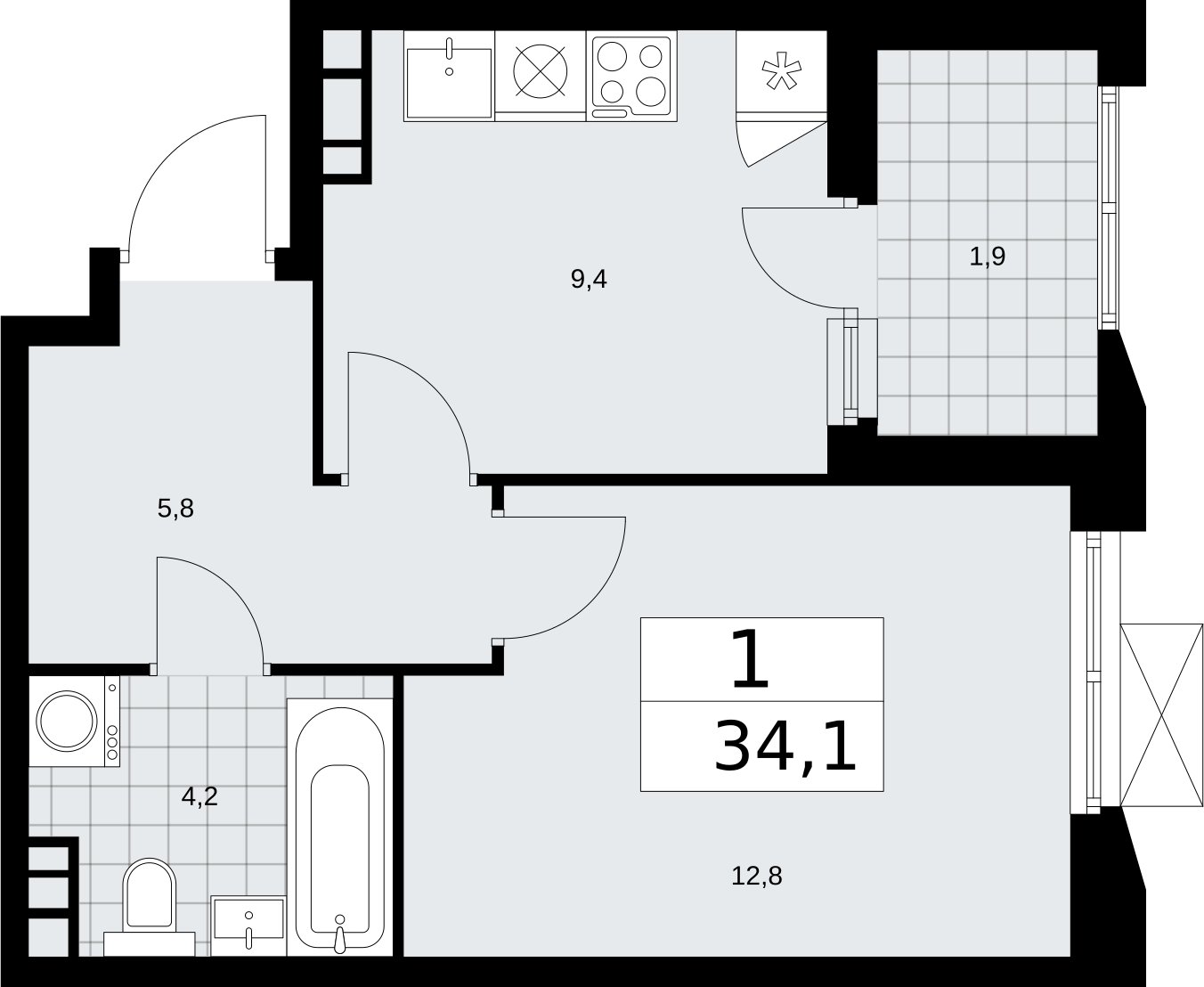 1-комнатная квартира без отделки, 34.1 м2, 14 этаж, сдача 2 квартал 2026 г., ЖК Бунинские кварталы, корпус 5.2 - объявление 2297416 - фото №1