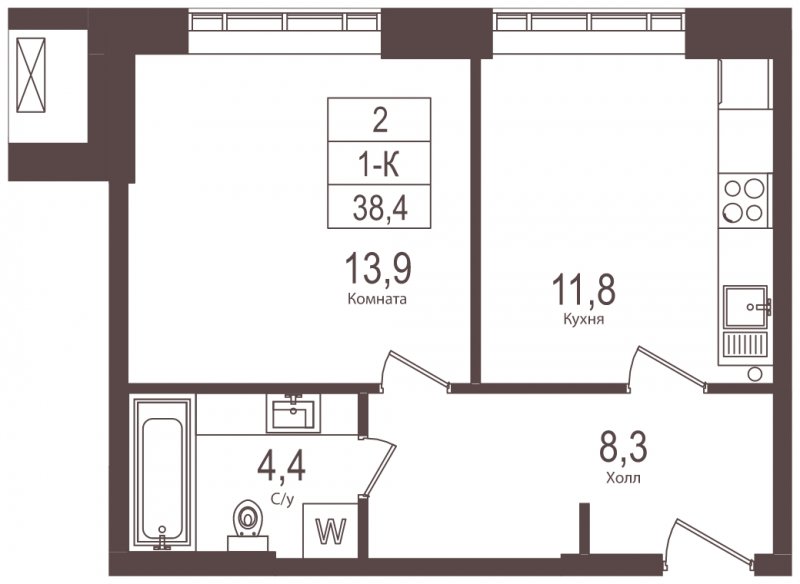 1-комнатная квартира без отделки, 38.4 м2, 4 этаж, дом сдан, ЖК SPIRES, корпус 1 - объявление 1301035 - фото №1