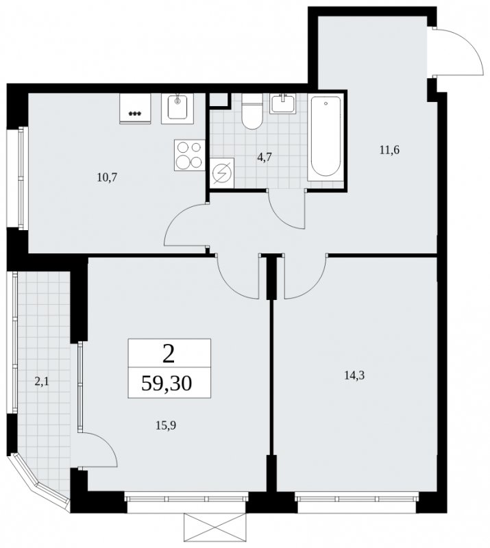 2-комнатная квартира без отделки, 59.3 м2, 2 этаж, сдача 1 квартал 2025 г., ЖК Бунинские кварталы, корпус 2.5 - объявление 1882666 - фото №1