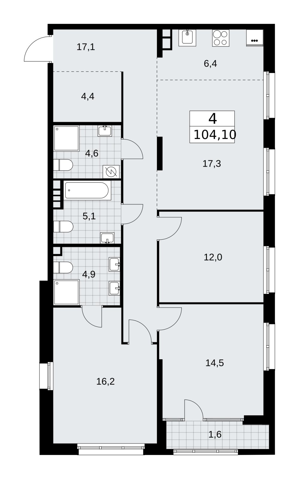 4-комнатная квартира (евро) с частичной отделкой, 104.1 м2, 4 этаж, сдача 1 квартал 2026 г., ЖК Дом на Зорге, корпус 25 - объявление 2221175 - фото №1