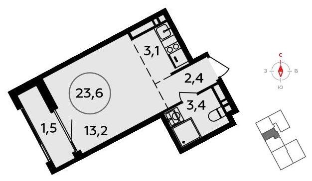 Студия без отделки, 23.6 м2, 11 этаж, сдача 3 квартал 2023 г., ЖК Прокшино, корпус 4.4 - объявление 1962266 - фото №1