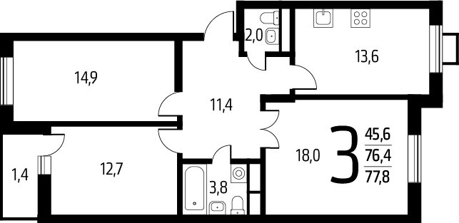 3-комнатная квартира с полной отделкой, 77.8 м2, 8 этаж, сдача 1 квартал 2025 г., ЖК Новые Ватутинки. Заречный, корпус 5/3 - объявление 2295807 - фото №1