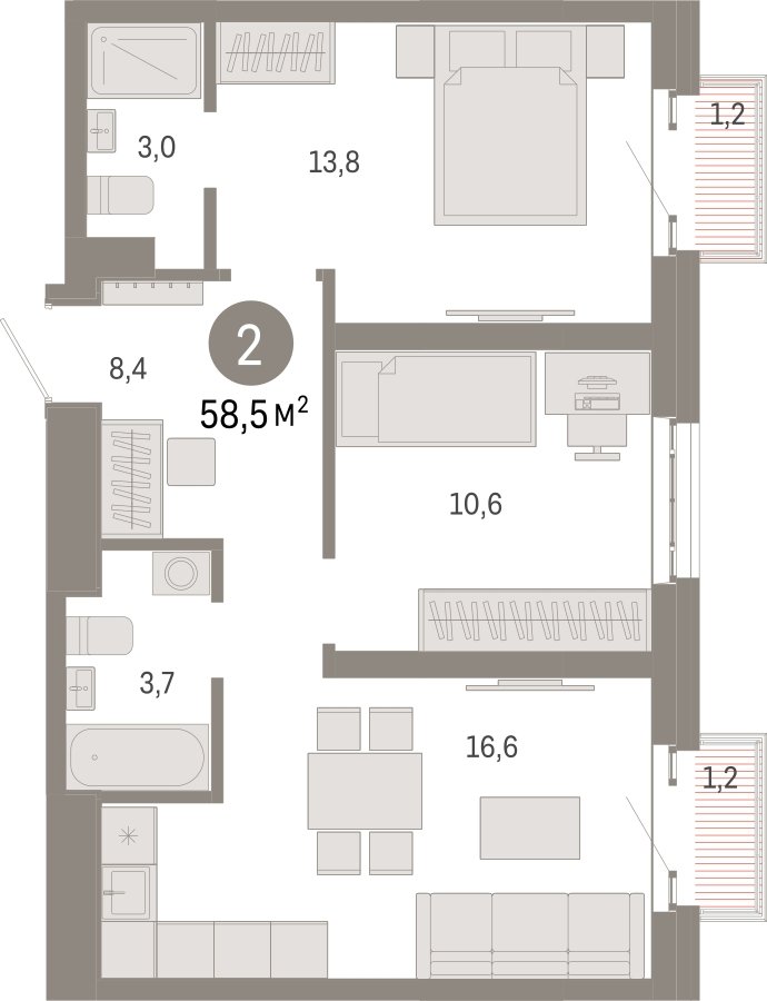 2-комнатная квартира с частичной отделкой, 58.5 м2, 23 этаж, сдача 3 квартал 2026 г., ЖК Квартал Метроном, корпус 1 - объявление 2300757 - фото №1
