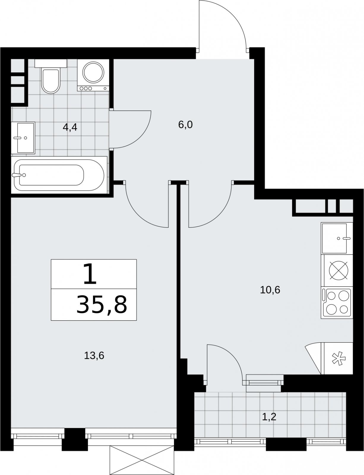 1-комнатная квартира без отделки, 35.8 м2, 7 этаж, сдача 2 квартал 2026 г., ЖК Бунинские кварталы, корпус 5.4 - объявление 2297886 - фото №1