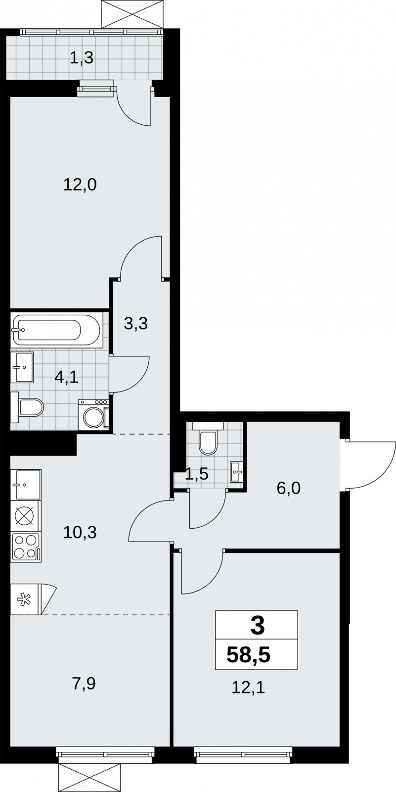 3-комнатная квартира (евро) без отделки, 58.5 м2, 11 этаж, сдача 1 квартал 2026 г., ЖК Дзен-кварталы, корпус 6.2.1 - объявление 2328561 - фото №1