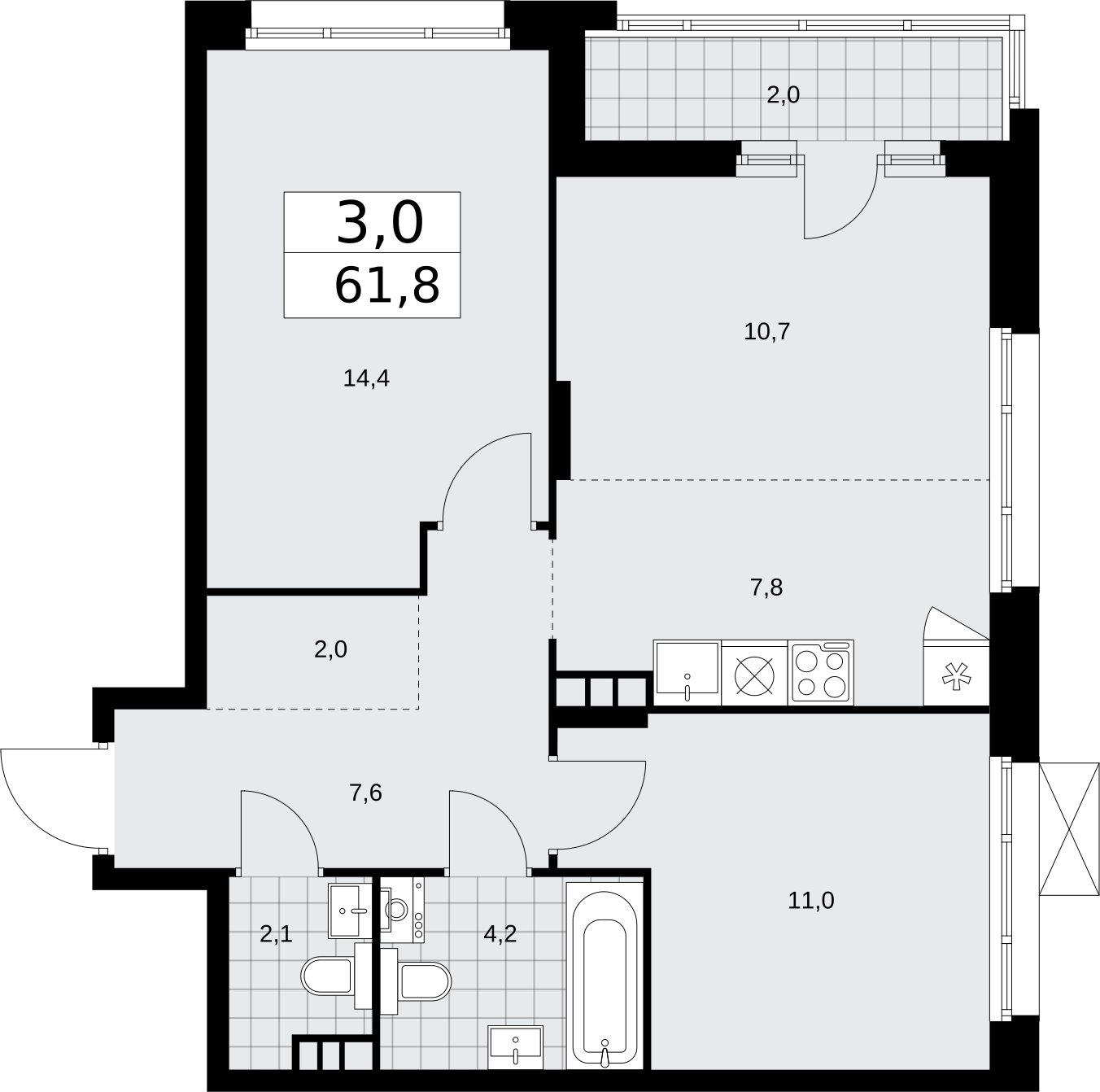 3-комнатная квартира (евро) с частичной отделкой, 61.8 м2, 3 этаж, сдача 2 квартал 2026 г., ЖК Прокшино, корпус 10.1.6 - объявление 2379177 - фото №1