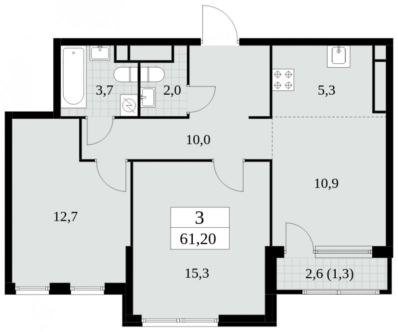 3-комнатная квартира (евро) без отделки, 61.2 м2, 24 этаж, сдача 2 квартал 2025 г., ЖК Южные сады, корпус 2.4 - объявление 1760512 - фото №1
