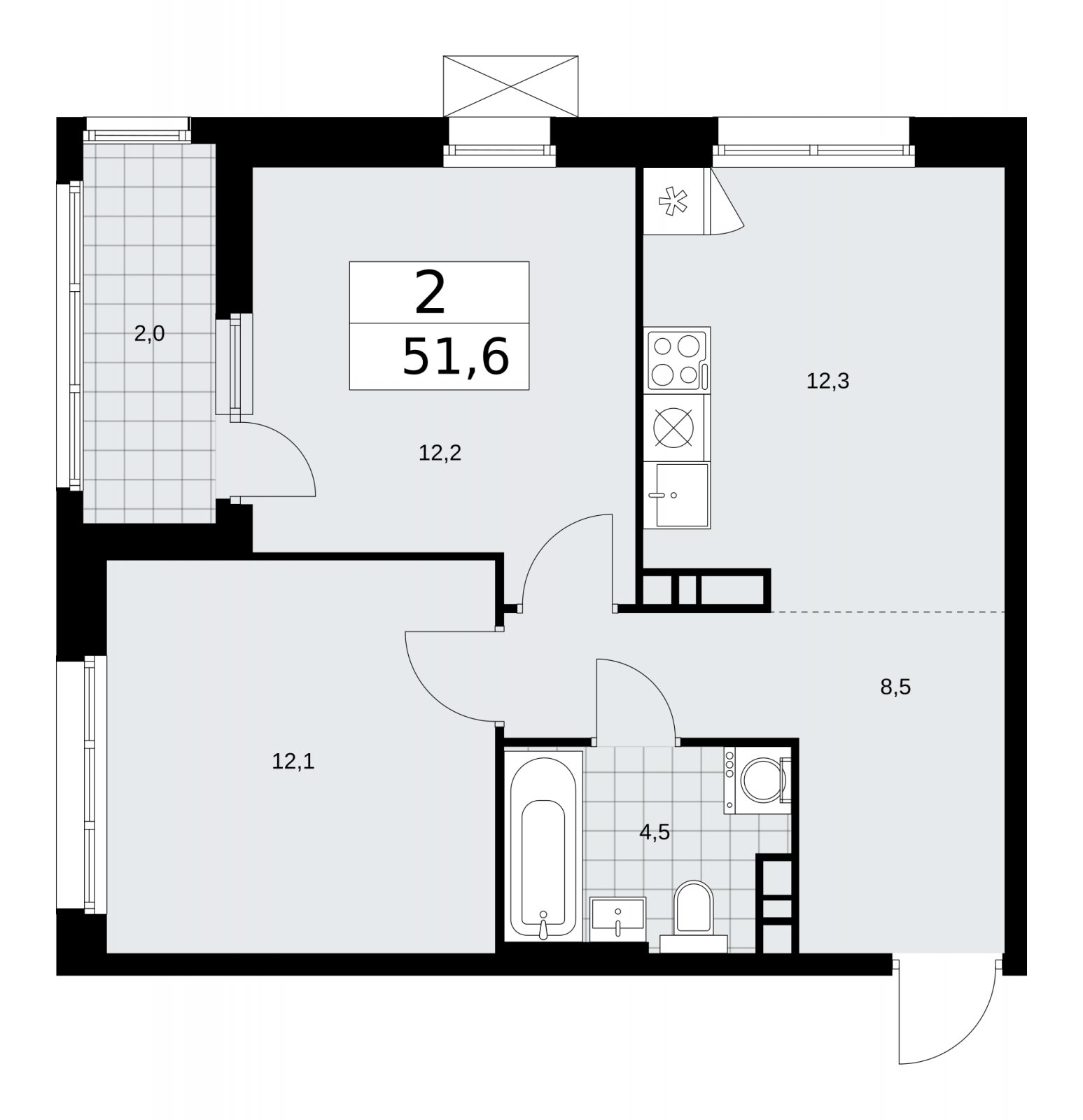 2-комнатная квартира с частичной отделкой, 51.6 м2, 7 этаж, сдача 2 квартал 2026 г., ЖК Дзен-кварталы, корпус 4.1 - объявление 2251456 - фото №1
