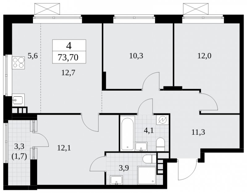 4-комнатная квартира (евро) с частичной отделкой, 73.7 м2, 9 этаж, сдача 2 квартал 2025 г., ЖК Прокшино, корпус 5.2.6 - объявление 1901074 - фото №1