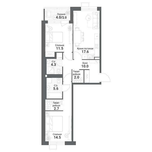 2-комнатная квартира без отделки, 70.2 м2, 7 этаж, сдача 1 квартал 2023 г., ЖК Nagatino i-Land, корпус В - объявление 1764625 - фото №1