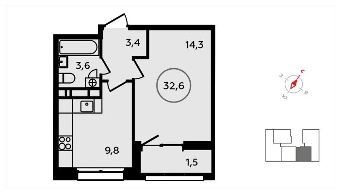 1-комнатная квартира без отделки, 32.6 м2, 8 этаж, сдача 3 квартал 2024 г., ЖК Скандинавия, корпус 22.2 - объявление 1625446 - фото №1